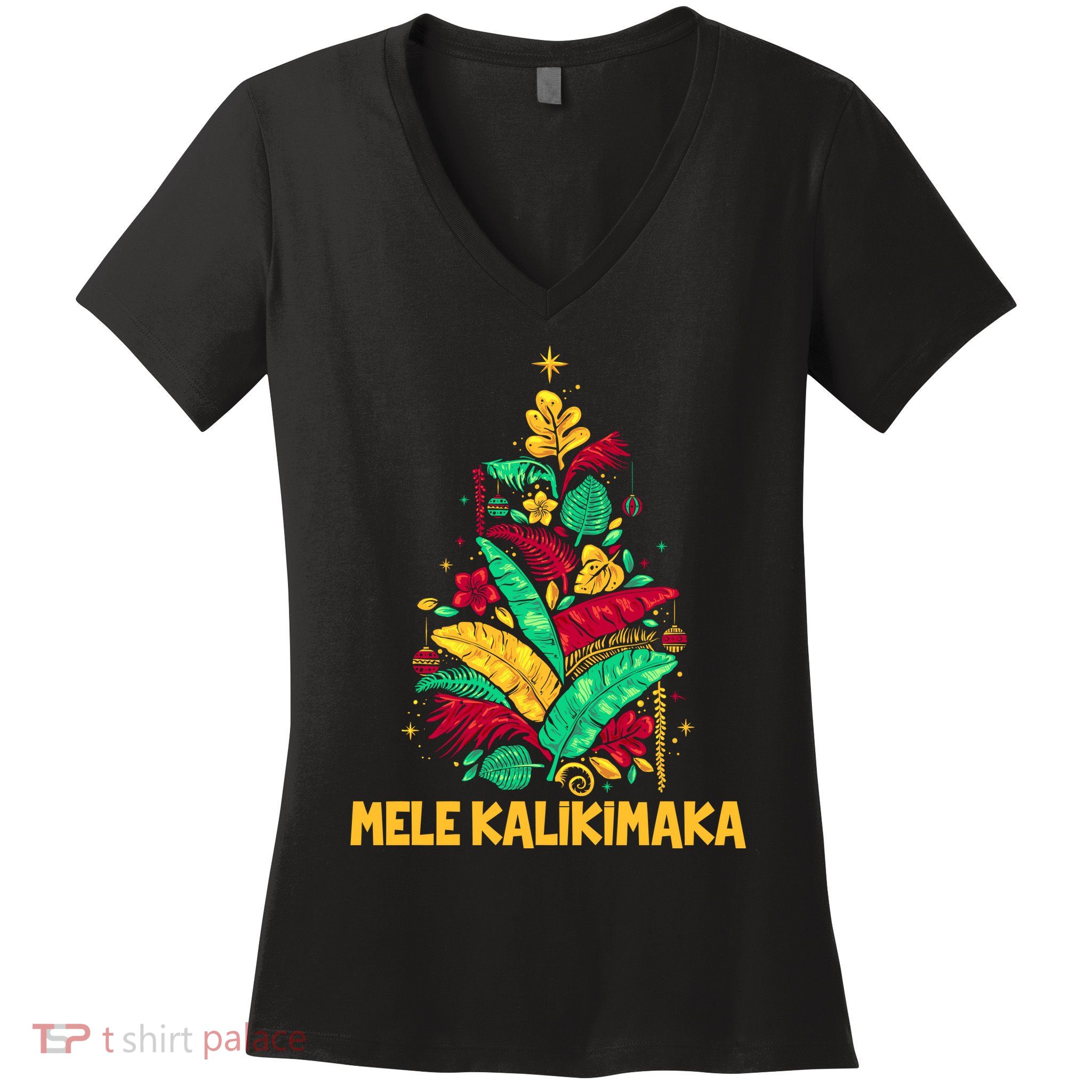 Hawaiian Christmas Mele Kalikimaka Tropical Leaves Tree Women's V-Neck T-Shirt