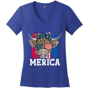 Highland Cow Merica Tee 4th Of July American Flag Usa Gift Women's V-Neck T-Shirt