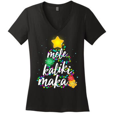 Hawaiian Christmas Mele Kaliki Maka Hibiscus Tree Women's V-Neck T-Shirt