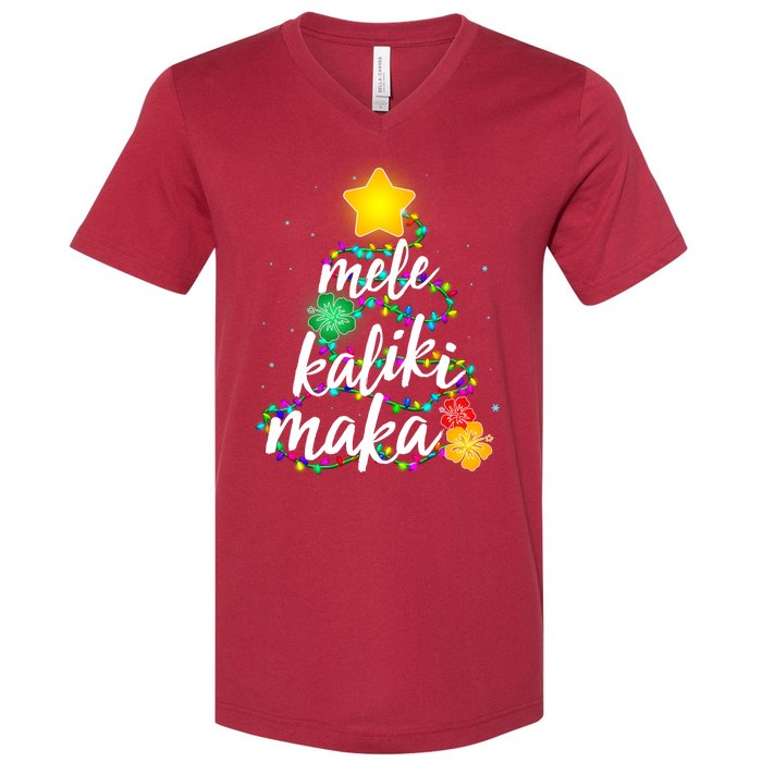 Hawaiian Christmas Mele Kaliki Maka Hibiscus Tree V-Neck T-Shirt