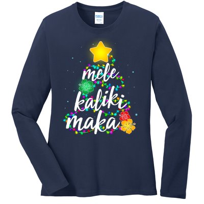 Hawaiian Christmas Mele Kaliki Maka Hibiscus Tree Ladies Long Sleeve Shirt