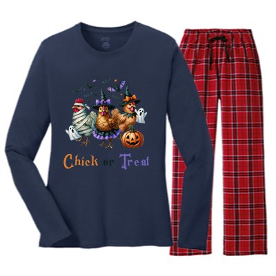 Halloween Chick Or Treat Pumpkins Chickens Farmer Funny Women's Long Sleeve Flannel Pajama Set 