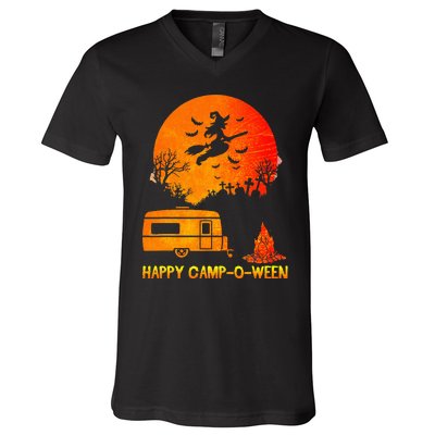 Happy Camp O Ween Funny Halloween Camping V-Neck T-Shirt