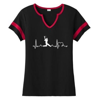 Heartbeat Cricket Player Cricketer Bowler Pitch Ladies Halftime Notch Neck Tee