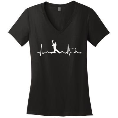 Heartbeat Cricket Player Cricketer Bowler Pitch Women's V-Neck T-Shirt