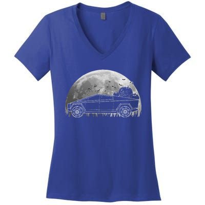 Halloween CyberTrucks Pumpkin Truck EV Electric Car Lover Women's V-Neck T-Shirt