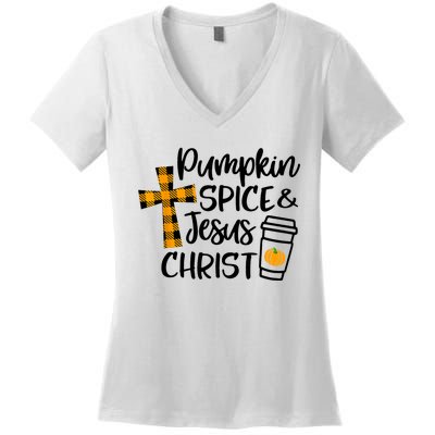 Halloween Christian Pumpkin Spice And Jesus Christ Fall Leaf Women's V-Neck T-Shirt