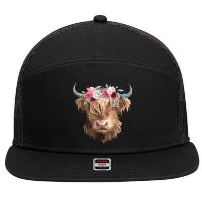 Highland Cow Painting 7 Panel Mesh Trucker Snapback Hat