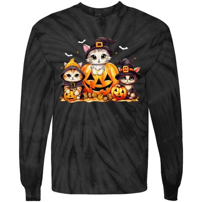 Halloween Cat Pumpkin Spooky Season Gift Tie-Dye Long Sleeve Shirt