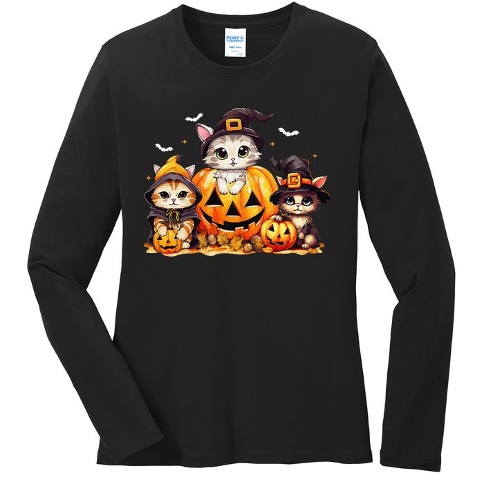 Halloween Cat Pumpkin Spooky Season Gift Ladies Long Sleeve Shirt