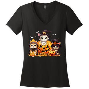 Halloween Cat Pumpkin Spooky Season Gift Women's V-Neck T-Shirt