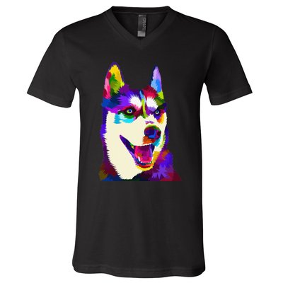 Husky Colorful Pop Art Portrait For Dog Owners Chukcha Sibe V-Neck T-Shirt