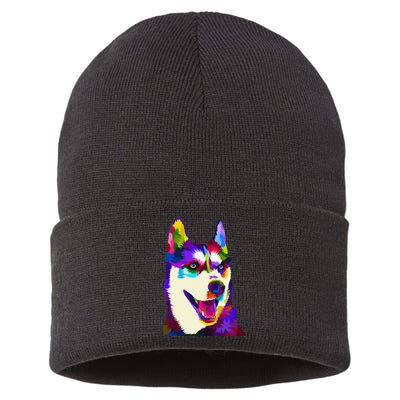 Husky Colorful Pop Art Portrait For Dog Owners Chukcha Sibe Sustainable Knit Beanie