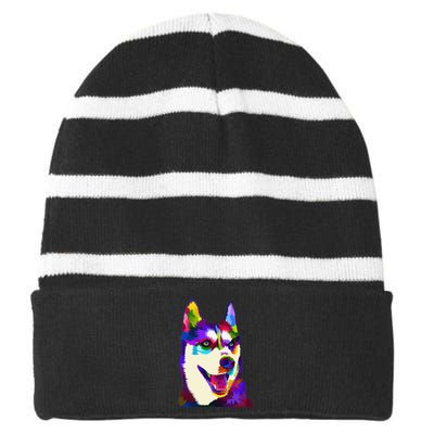 Husky Colorful Pop Art Portrait For Dog Owners Chukcha Sibe Striped Beanie with Solid Band