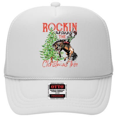 Hilarious Cowboy Rocking Christmas Tree Western Decor High Crown Mesh Back Trucker Hat