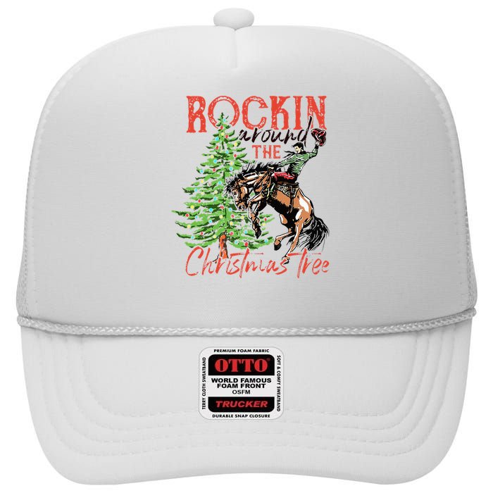 Hilarious Cowboy Rocking Christmas Tree Western Decor High Crown Mesh Back Trucker Hat