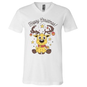 Happy Christmas Reindeer Holiday V-Neck T-Shirt