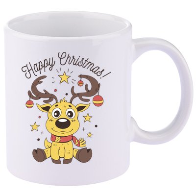 Happy Christmas Reindeer Holiday 11oz C Handle Ceramic Mug