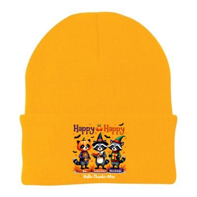 Hallothanksmas Cute Raccoon Halloween Christmas Thanksgiving Knit Cap Winter Beanie