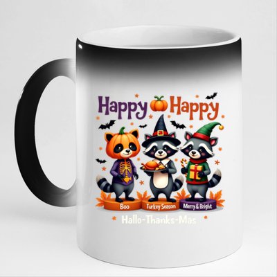 Hallothanksmas Cute Raccoon Halloween Christmas Thanksgiving 11oz Black Color Changing Mug