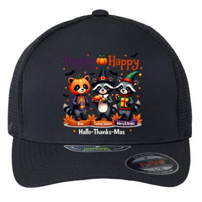 Hallothanksmas Cute Raccoon Halloween Christmas Thanksgiving Flexfit Unipanel Trucker Cap