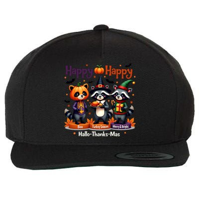 Hallothanksmas Cute Raccoon Halloween Christmas Thanksgiving Wool Snapback Cap