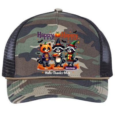 Hallothanksmas Cute Raccoon Halloween Christmas Thanksgiving Retro Rope Trucker Hat Cap