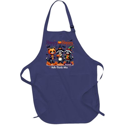 Hallothanksmas Cute Raccoon Halloween Christmas Thanksgiving Full-Length Apron With Pockets