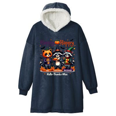 Hallothanksmas Cute Raccoon Halloween Christmas Thanksgiving Hooded Wearable Blanket