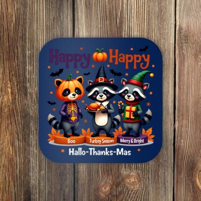 Hallothanksmas Cute Raccoon Halloween Christmas Thanksgiving Coaster