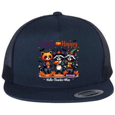 Hallothanksmas Cute Raccoon Halloween Christmas Thanksgiving Flat Bill Trucker Hat