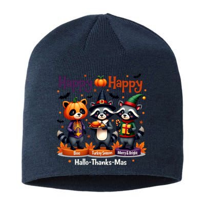 Hallothanksmas Cute Raccoon Halloween Christmas Thanksgiving Sustainable Beanie