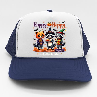 Hallothanksmas Cute Raccoon Halloween Christmas Thanksgiving Trucker Hat