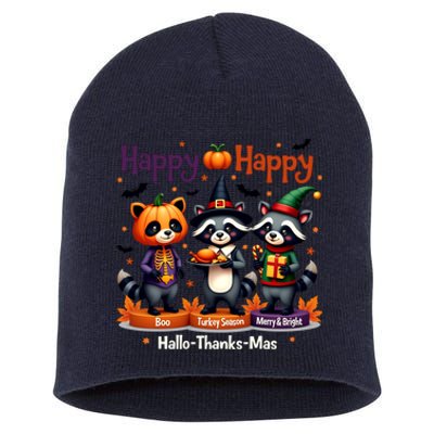 Hallothanksmas Cute Raccoon Halloween Christmas Thanksgiving Short Acrylic Beanie