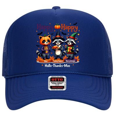 Hallothanksmas Cute Raccoon Halloween Christmas Thanksgiving High Crown Mesh Back Trucker Hat