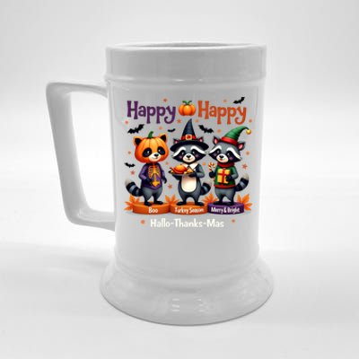 Hallothanksmas Cute Raccoon Halloween Christmas Thanksgiving Beer Stein