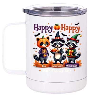 Hallothanksmas Cute Raccoon Halloween Christmas Thanksgiving 12 oz Stainless Steel Tumbler Cup