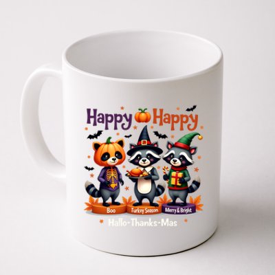 Hallothanksmas Cute Raccoon Halloween Christmas Thanksgiving Coffee Mug