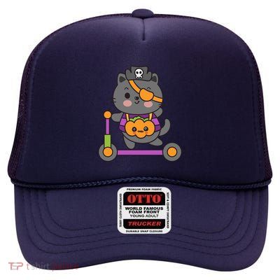 Halloween Cat Ride Bike Delivery Pumpkin High Crown Mesh Back Trucker Hat