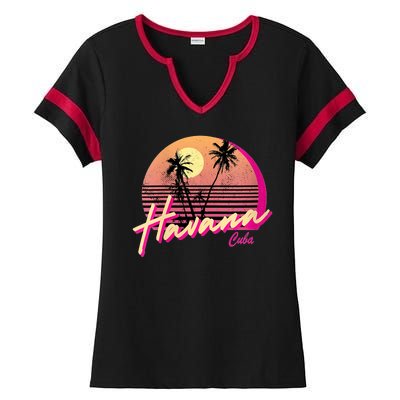 Havana Cuba Retro California Beach Sunset Ladies Halftime Notch Neck Tee