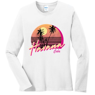 Havana Cuba Retro California Beach Sunset Ladies Long Sleeve Shirt