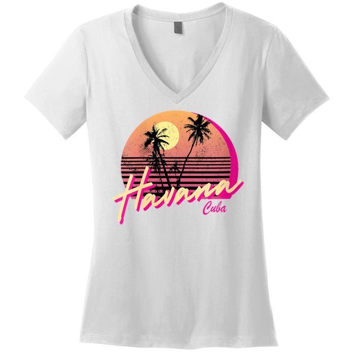 Havana Cuba Retro California Beach Sunset Women's V-Neck T-Shirt