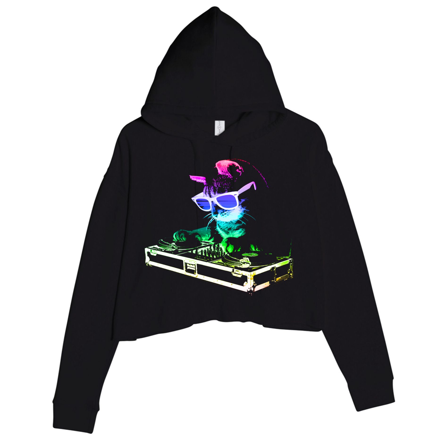 House Cat (Rainbow Dj Cat Kitty) Great Gift Crop Fleece Hoodie