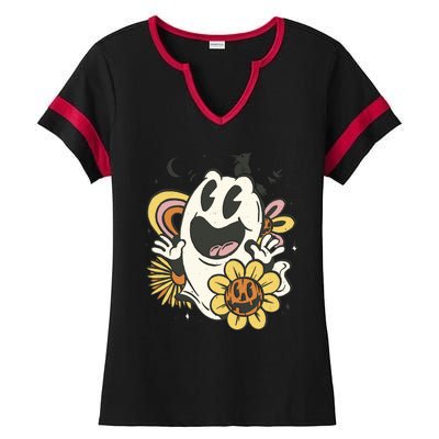 Halloween Cute Retro Ghost Ladies Halftime Notch Neck Tee