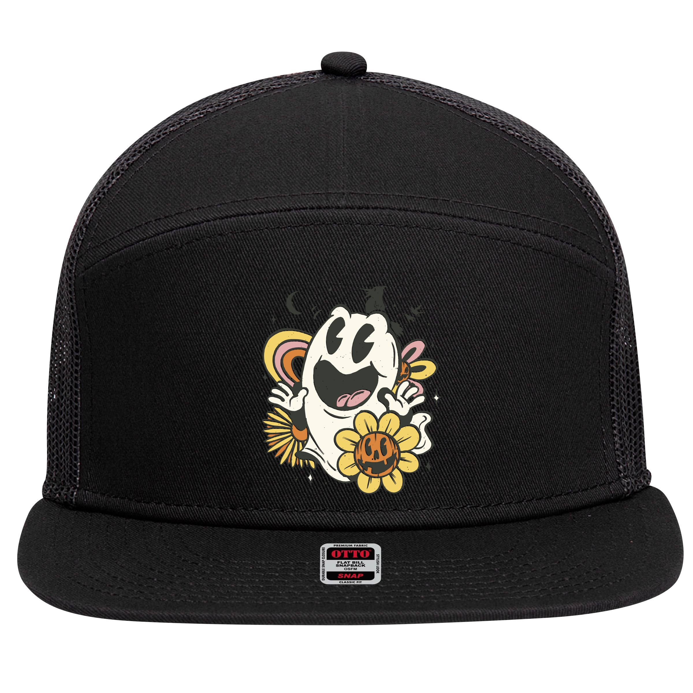Halloween Cute Retro Ghost 7 Panel Mesh Trucker Snapback Hat