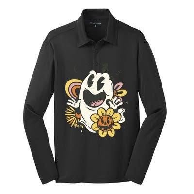 Halloween Cute Retro Ghost Silk Touch Performance Long Sleeve Polo