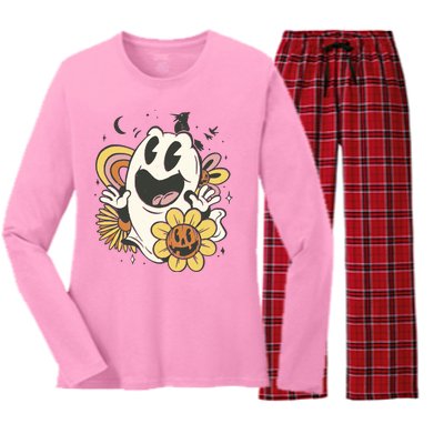 Halloween Cute Retro Ghost Women's Long Sleeve Flannel Pajama Set 