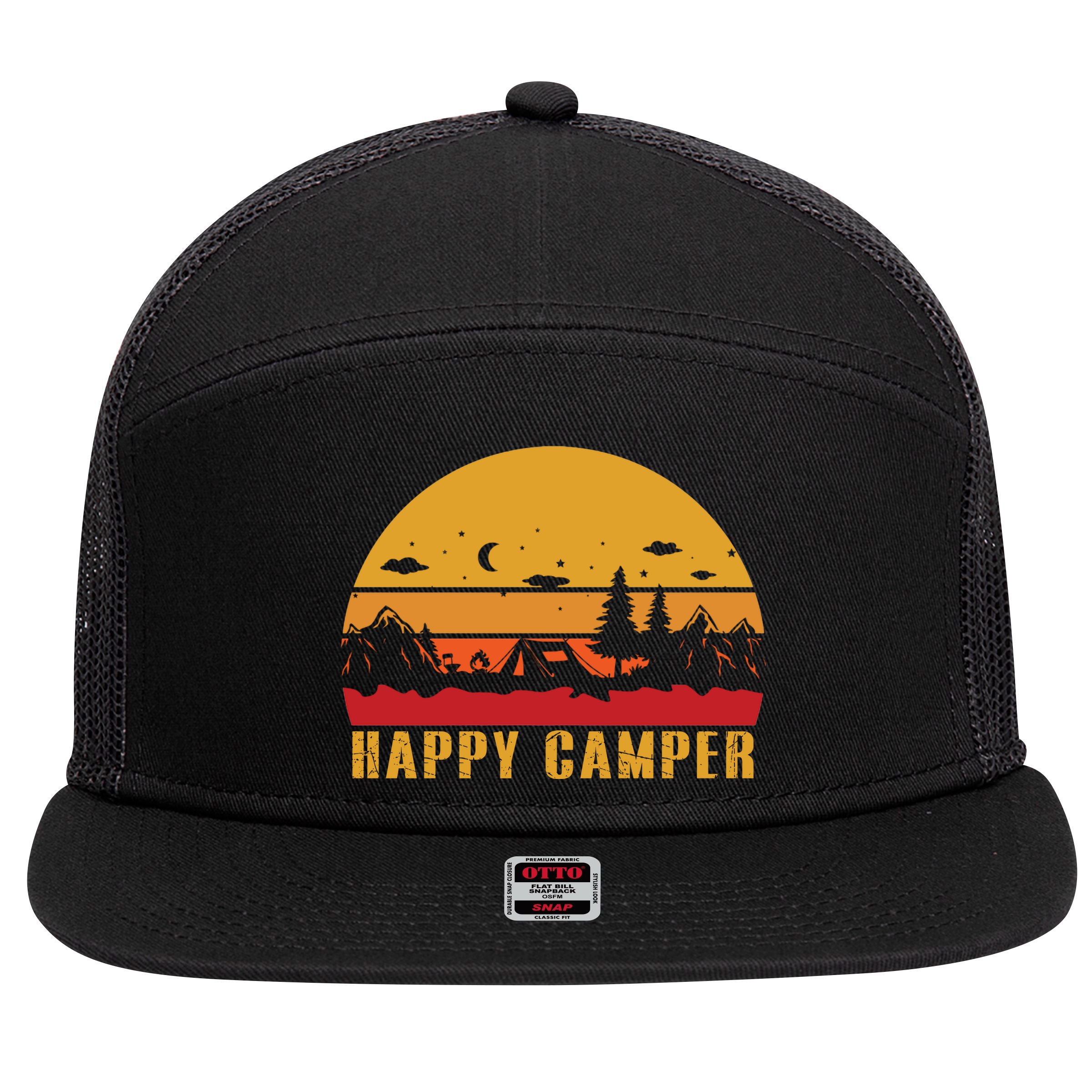 Happy Camper Retro Sunset Camping 7 Panel Mesh Trucker Snapback Hat