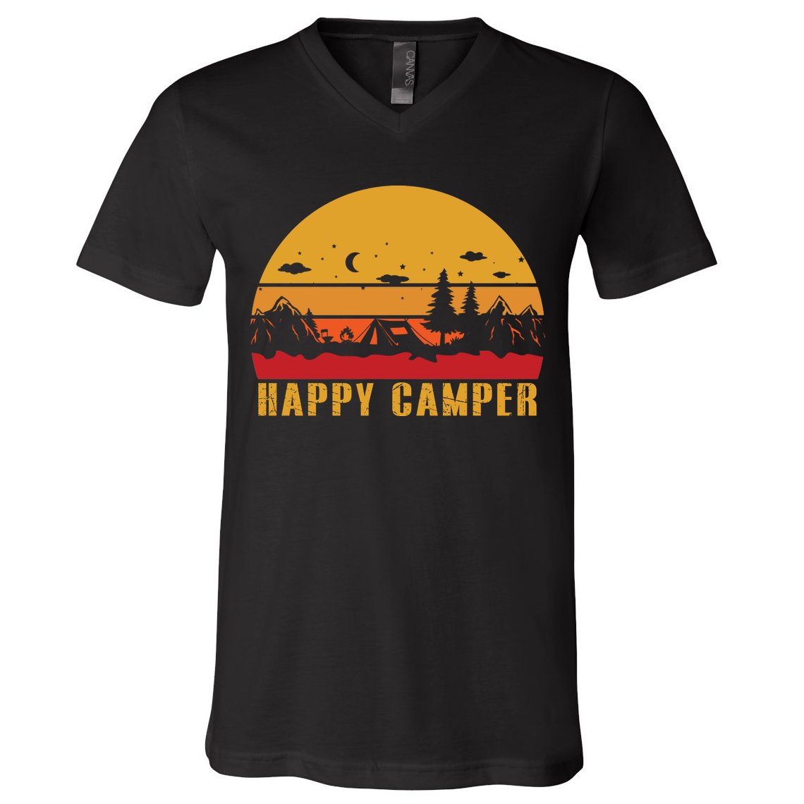 Happy Camper Retro Sunset Camping V-Neck T-Shirt