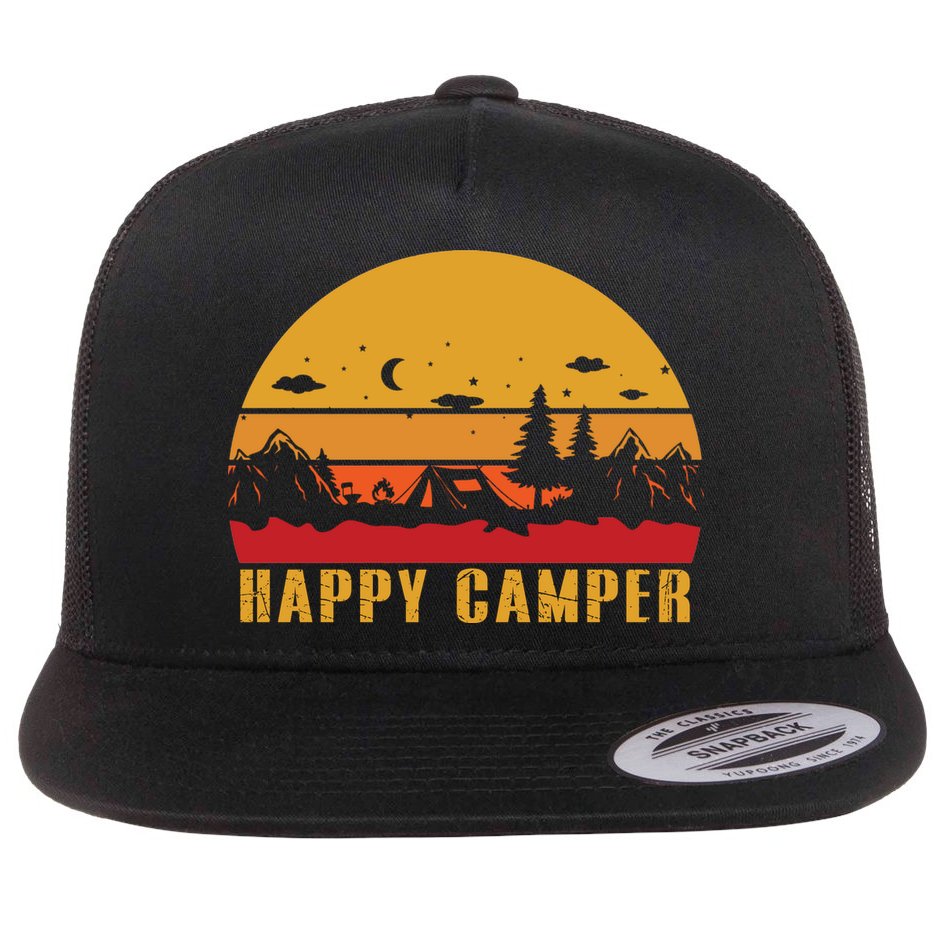 Happy Camper Retro Sunset Camping Flat Bill Trucker Hat